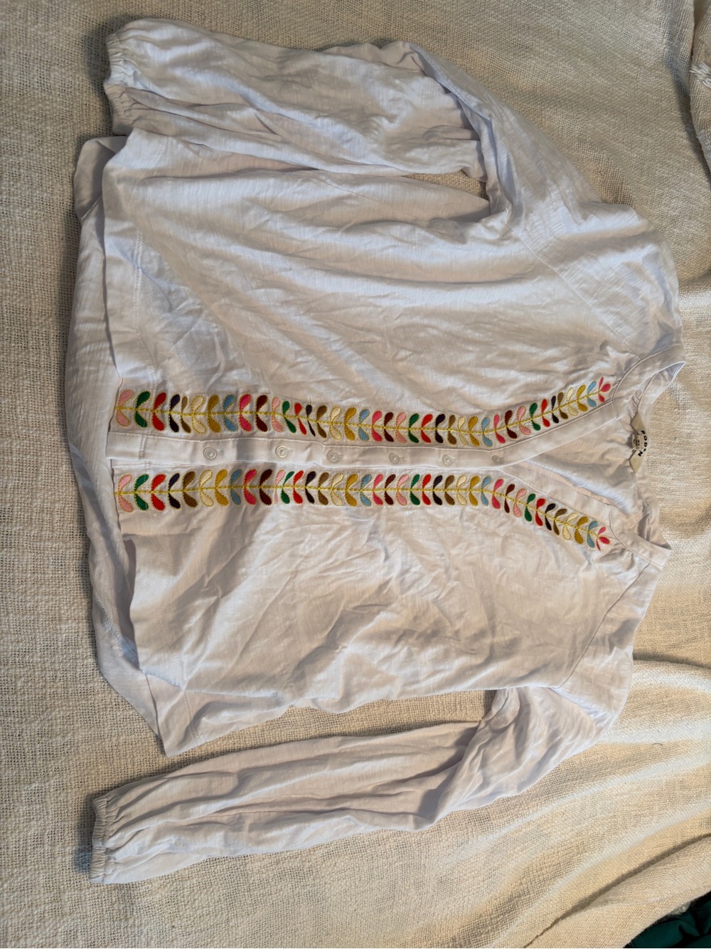 Boden Women’s White V-Neck Top with Multicolor Leaf Embroidery US size 10 - Picture 2 of 6